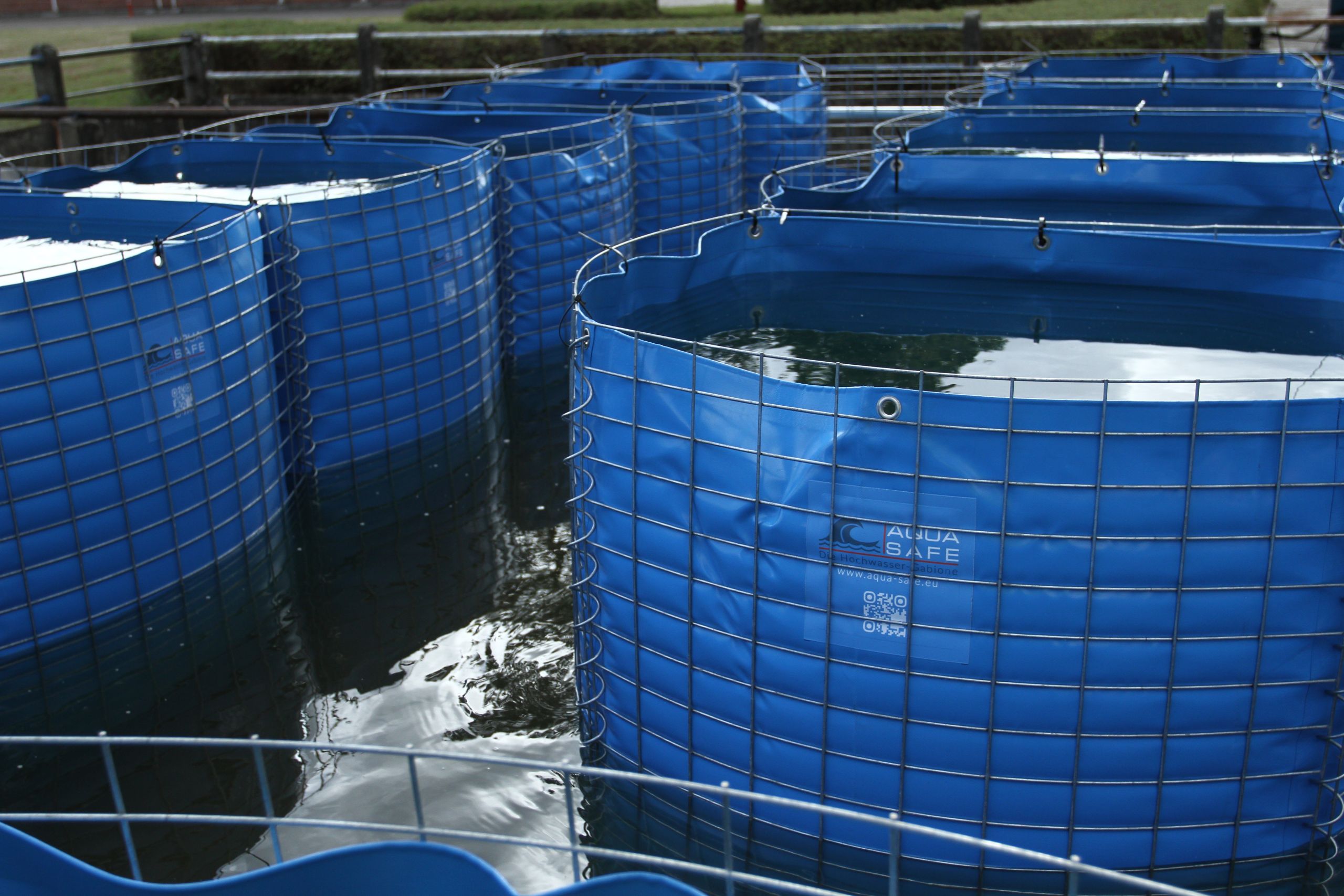 IMG_4278 Mehrere blaue Aqua-Safe-Wassertanks mit stabilem Metallgitterrahmen, gefüllt mit Wasser, im Außenbereich zur sicheren Wasserspeicherung aufgestellt.